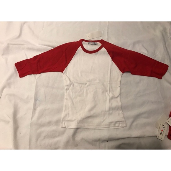 white baseball shirt with red sleeves